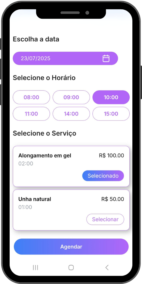 Tela de agendamento de serviço que mostra os horários do dia atual.