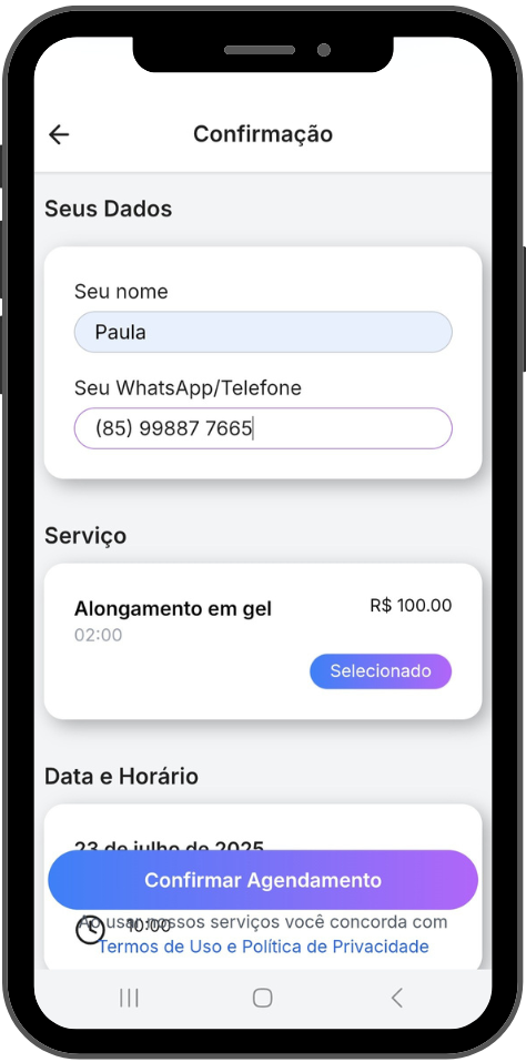 Tela de confirmação do agendamento. Nela o usuário coloca nome e telefone e confirma visualmente os dados já escolhidos (serviço e horário) além de ver o endereço do estabelecimento.